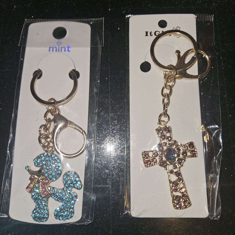 Rhinestone Poodle & Cross Keychains - Gold Tone, Blue & Pink Crystals For 2